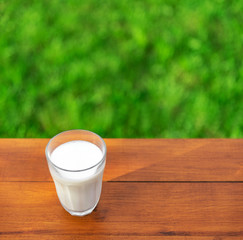 A glass of milk on the background of the summer garden on a wooden table.