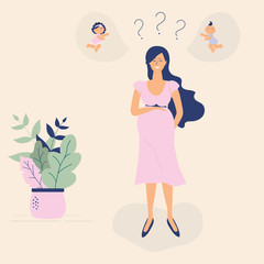 Cute pregnant girl in pink dress.Flat Funky Figures style.Decorated beautiful leaves,polka dots and heart.Vector illustration.For advertising, logo, leaflets,booklets,flyers