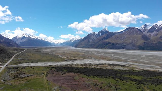Mount Cook Valley drone aereo view, New Zealand, South Island, NZ