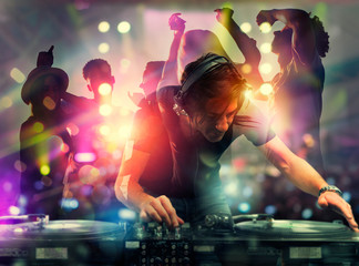 DJ playing music at the discotheque. Double exposure