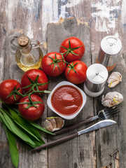 Ketchup or tomato sauce, mushrooms, garlic, spicy herbs, spices and fresh tomatoes on a branch on a rustic background.