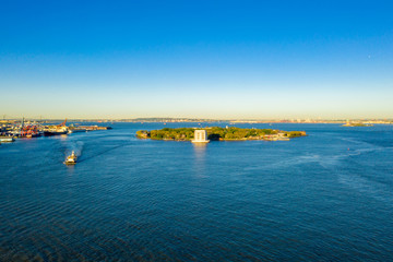 Aerial view from helicopter on Governors Island in Upper New York Bay. New York City, NYC, USA....
