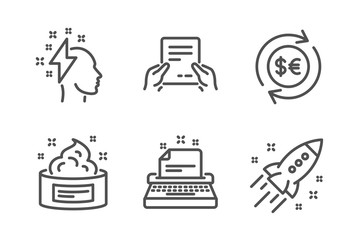 Receive file, Brainstorming and Money currency icons simple set. Typewriter, Skin cream and Startup rocket signs. Hold document, Lightning bolt. Business set. Line receive file icon. Editable stroke