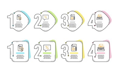 Discount message, Documentation and Smile icons simple set. Typewriter sign. Special offer, Project, Certificate. Writer machine. Business set. Infographic timeline. Line discount message icon
