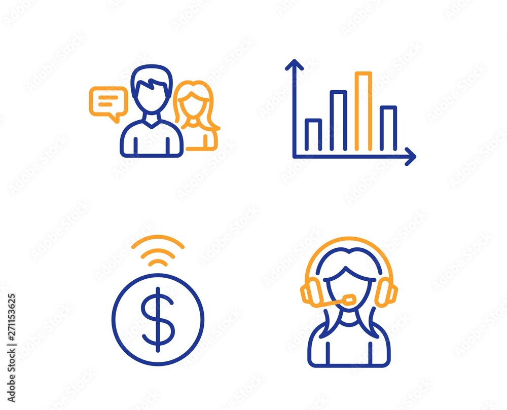 Poster diagram graph, people talking and contactless payment icons simple set. support sign. presentation c