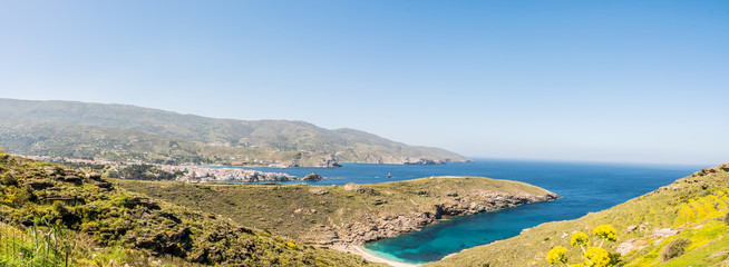 Naklejka premium Panorama of Chora of Andros at a beautiful day, Cyclades, Greece