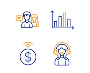 Diagram graph, People talking and Contactless payment icons simple set. Support sign. Presentation chart, Contact service, Financial payment. Call center. Business set. Linear diagram graph icon