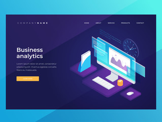 Banners on theme of strategy planning and business analysis. Image of growing charts, financial graphs. Financial review with infographic elements. Landing Page. Isometric illustration.
