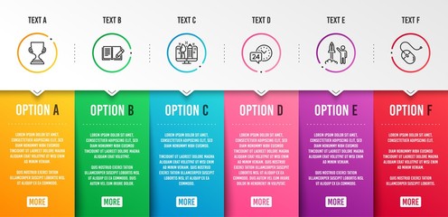 Creative design, Launch project and 24h service icons simple set. Award cup, Feedback and Computer mouse signs. Designer, Business innovation. Business set. Infographic template. 6 steps timeline