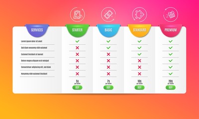 Prescription drugs, Euro money and Strategy icons simple set. Comparison table. Present delivery sign. Pills, Cash, Puzzle. Shopping service. Business set. Pricing plan. Compare products. Vector