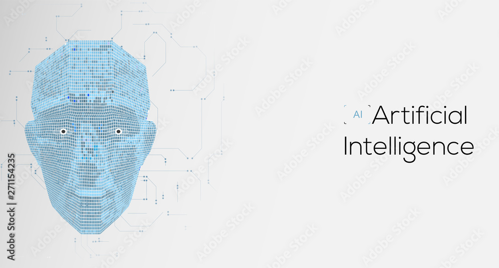 Poster future of artificial intelligence (ai), human face with ai text made by digital circuit on blue back