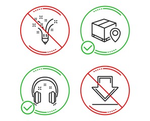 Do or Stop. Parcel tracking, Headphones and Inspiration icons simple set. Downloading sign. Package location pin, Earphones, Creativity pencil. Load information. Business set. Vector