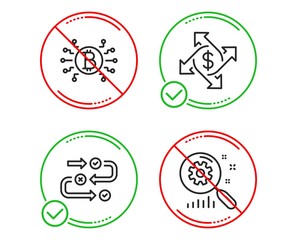 Do or Stop. Payment exchange, Bitcoin system and Survey progress icons simple set. Search statistics sign. Money transfer, Cryptocurrency scheme, Algorithm. Analysis. Business set. Vector