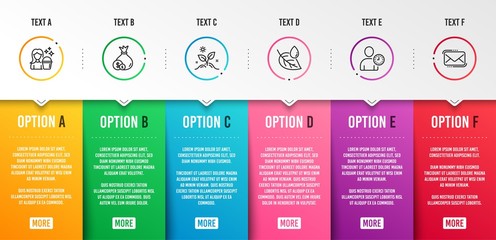 Naklejka premium Cash, Grow plant and Time management icons simple set. Leaf dew, Cleaning and Messenger mail signs. Banking currency, Leaves. Business set. Infographic template. 6 steps timeline. Business options