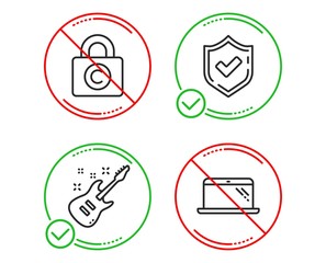 Do or Stop. Electric guitar, Copyright locker and Confirmed icons simple set. Laptop sign. Musical instrument, Private information, Accepted message. Computer. Business set. Vector