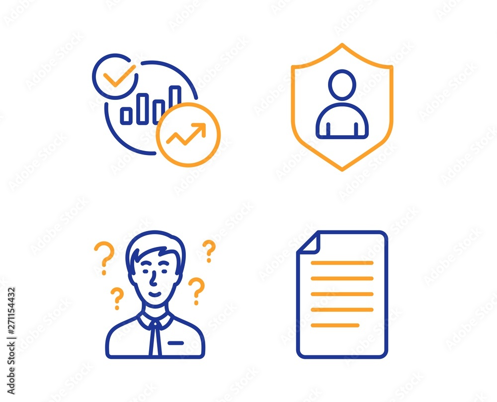 Poster support consultant, statistics and security icons simple set. file sign. question mark, report chart