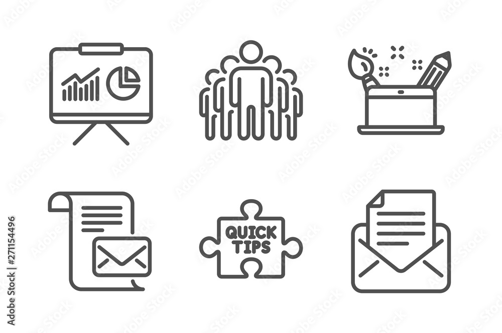 Poster quick tips, mail letter and presentation icons simple set. group, creativity concept and mail corres