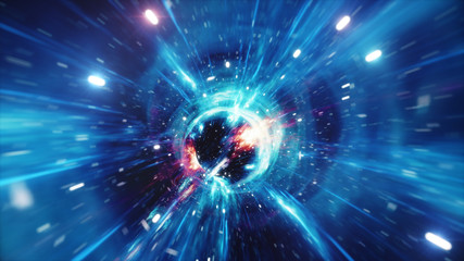 Travel through a wormhole through time and space filled with millions of stars and nebulae. Wormhole space deformation, science fiction. Black hole. Vortex hyperspace tunnel. 3D illustration