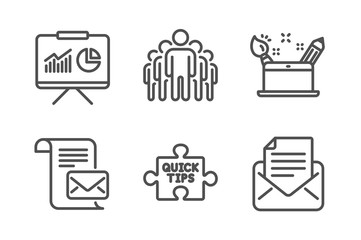 Quick tips, Mail letter and Presentation icons simple set. Group, Creativity concept and Mail correspondence signs. Tutorials, Read e-mail. Education set. Line quick tips icon. Editable stroke. Vector