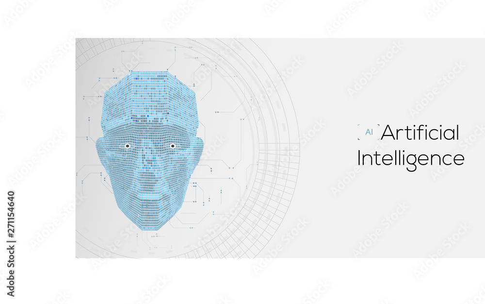 Poster future of artificial intelligence (ai), human face with ai text made by digital circuit on blue back