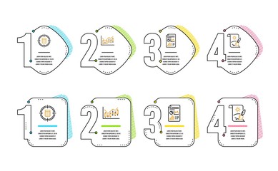 Calculator target, Report document and Financial diagram icons simple set. Creative painting sign. Audit, Growth chart, Candlestick chart. Graphic art. Education set. Infographic timeline. Vector