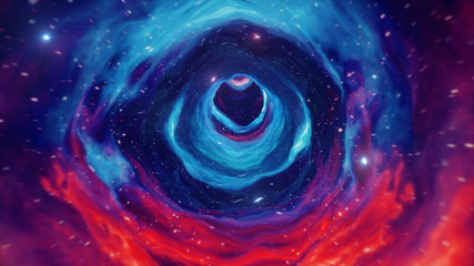 Travel through a wormhole through time and space filled with millions of stars and nebulae. Wormhole space deformation, science fiction. Black hole. Vortex hyperspace tunnel. 3D illustration