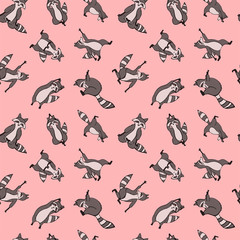 Design seamless pattern with hand drawn raccoon in yoga asana.