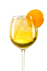 orange yellow drink with ice cubes and orange slice on white background, isolated
