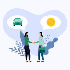 Two people talk about cars and money, vector illustration