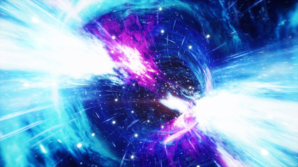 Fototapeta premium Travel through a wormhole through time and space filled with millions of stars and nebulae. Wormhole space deformation, science fiction. Black hole. Vortex hyperspace tunnel. 3D illustration