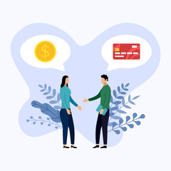 Two people talk about debit or credit card payment, vector illustration