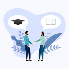 Fototapeta premium Two people talk about book and graduation cap, vector illustration