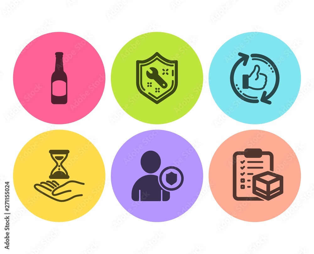 Poster refresh like, time hourglass and spanner icons simple set. security, beer and parcel checklist signs