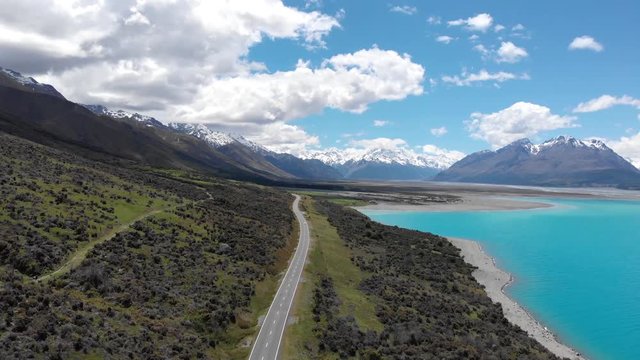 Mount Cook Road and Pukaki Lake, drone aereo view, New Zealand, South Island, NZ