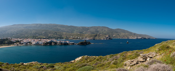Panorama of Chora of Andros at a beautiful day, Cyclades, Greece