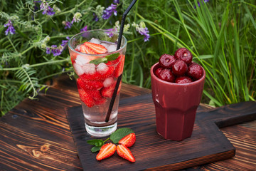 Fresh drink with strawberry / studio photography of beverages isolated on white background with...