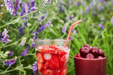 Fresh drink with strawberry / studio photography of beverages isolated on white background with reflection
