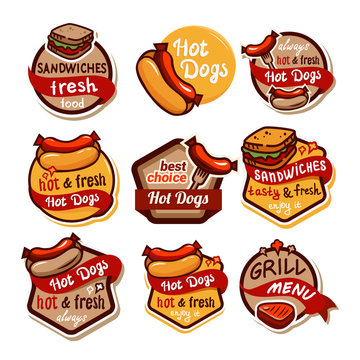 Hotdog sandwich emblem design set. Isolated vector illustration