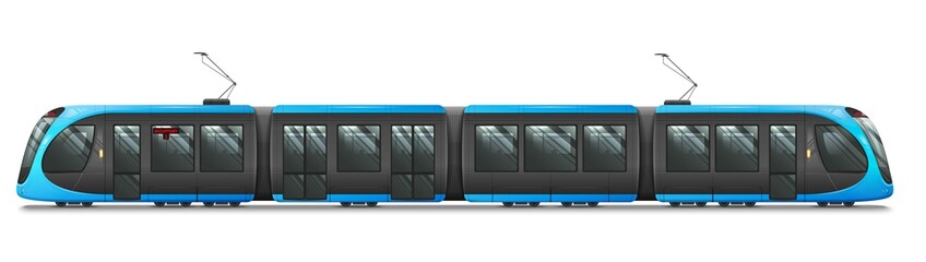 Passenger Tram Train, Streetcar. Modern Urban Tramcar. City Electric transport Isolated on white