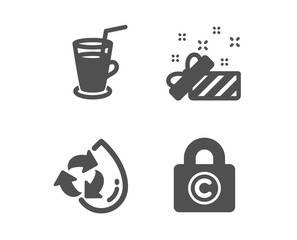 Set of Recycle water, Present and Cocktail icons. Copyright locker sign. Refill aqua, Gift, Fresh beverage. Private information.  Classic design recycle water icon. Flat design. Vector