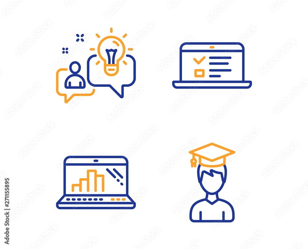 Poster web lectures, graph laptop and idea icons simple set. student sign. online test, mobile report, solu