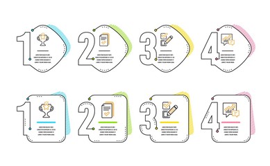 Checkbox, Victory and Handout icons simple set. Accounting sign. Survey choice, Championship prize, Documents example. Supply and demand. Education set. Infographic timeline. Line checkbox icon