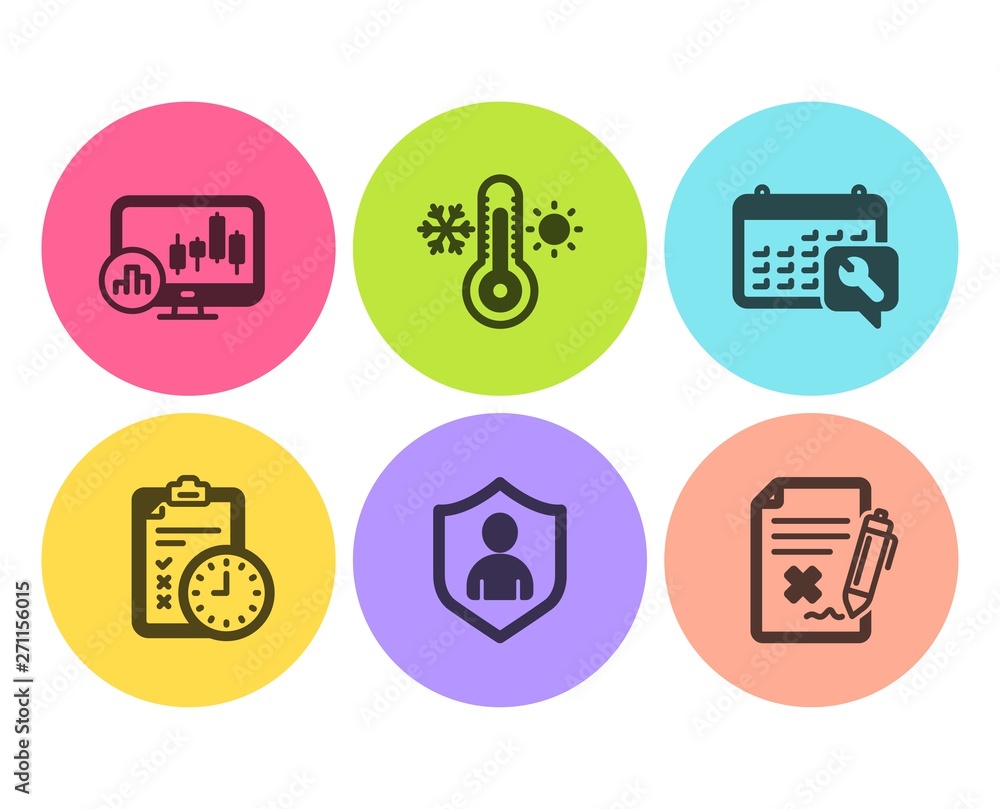 Poster candlestick chart, security and spanner icons simple set. thermometer, exam time and reject file sig