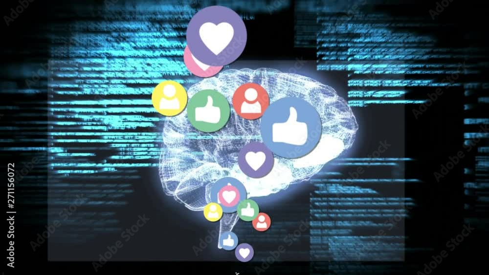 Poster digital brain and program codes with social media icons
