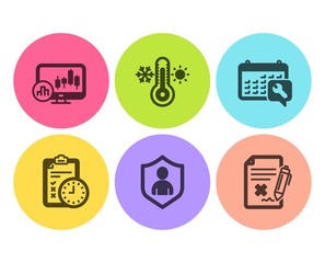 Candlestick chart, Security and Spanner icons simple set. Thermometer, Exam time and Reject file signs. Report analysis, Private protection. Business set. Flat candlestick chart icon. Circle button