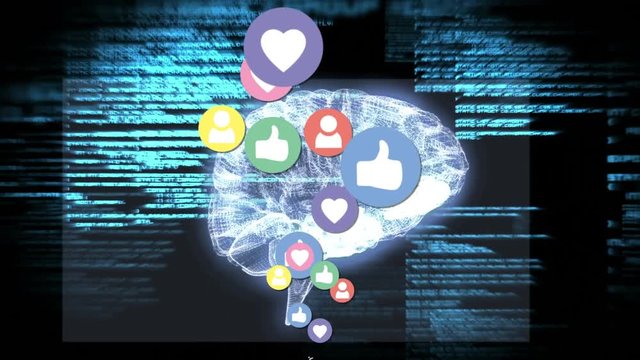 Digital brain and program codes with social media icons