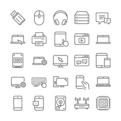Mobile device line icons. Smartphone, Laptop, Tablet PC icons. HDD, SSD and Flash drive. Headphones, Printer and tablet device. Mouse, ssd disk, mobile laptop. Memory hdd drive. Quality set. Vector
