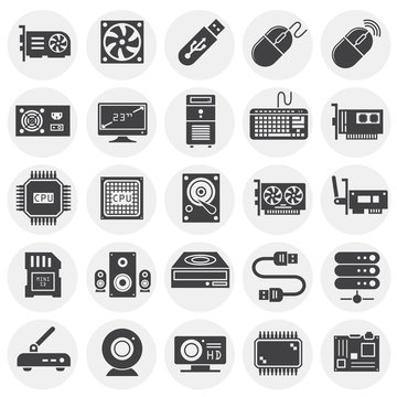Computer hardware icons set on background for graphic and web design. Simple illustration. Internet concept symbol for website button or mobile app.