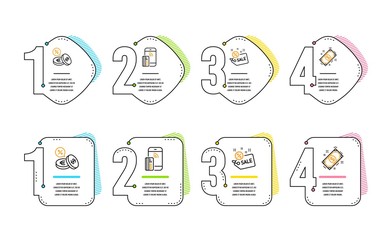 Sale, Currency exchange and Contactless payment icons simple set. Payment sign. Shopping tag, Euro and usd, Phone money. Finance. Finance set. Infographic timeline. Line sale icon. 4 options or steps