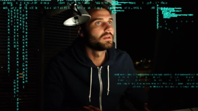 Hacker using a computer and program codes